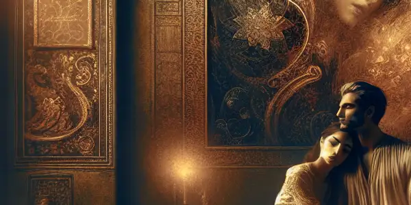 A couple in a romantic embrace, surrounded by soft shadows and warm colors, evoking intimacy and passion.