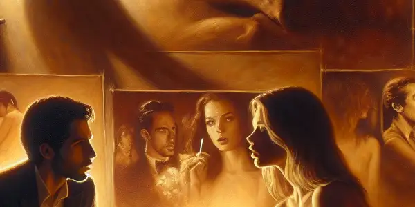 A couple in an intimate room engages in an emotional conversation, surrounded by vintage erotic film imagery.