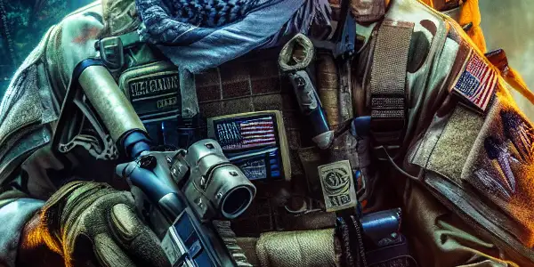 A muscular soldier in tactical gear engages in a high-stakes training exercise with a fierce female operative in a jungle setting.