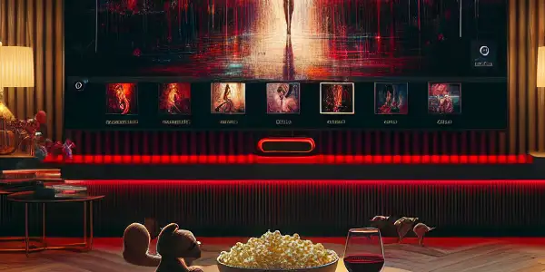 A modern home entertainment setup featuring a high-definition screen, cozy seating, and ambient lighting for adult film viewing.