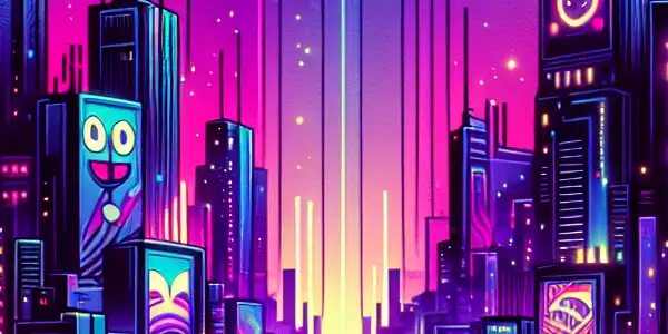 A vibrant, futuristic cityscape illuminated by neon lights, featuring abstract shapes and symbols of adult film genres.