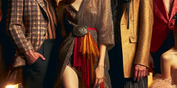 A vibrant film studio scene featuring diverse actors in elegant and provocative attire, embodying the essence of adult cinema.