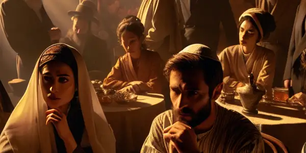 A dimly lit film studio scene with actors in Jewish attire discussing themes of identity and desire, enriched by cultural elements.