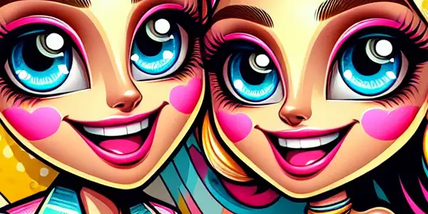 A playful, vibrant scene featuring two cartoonish characters embodying a humorous, light-hearted romantic duo in a colorful background.