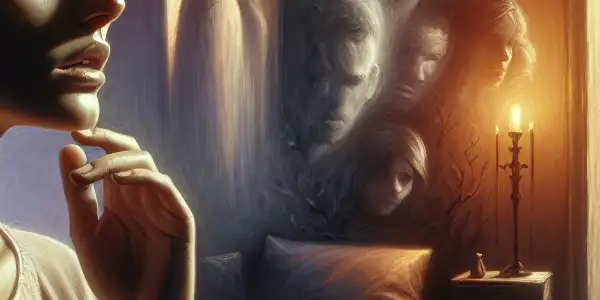 A woman stands hesitantly by a partially open door in a dimly lit room, reflecting emotional conflict.