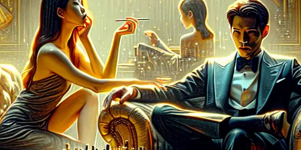 A passionate moment between two characters in a luxurious, dimly lit room, evoking romance and desire.