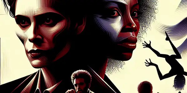 A dimly lit film studio featuring two contrasting characters, one sinister and deceitful, the other wild and frantic, amidst dramatic shadows.