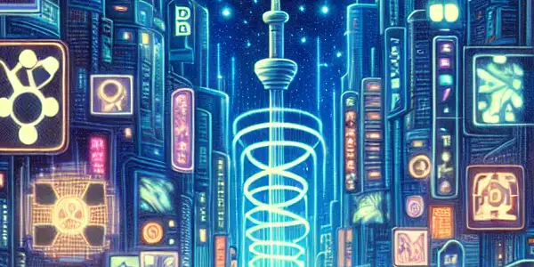 A vibrant cybernetic cityscape featuring neon lights, holographic billboards, and diverse characters exploring adult content sharing.