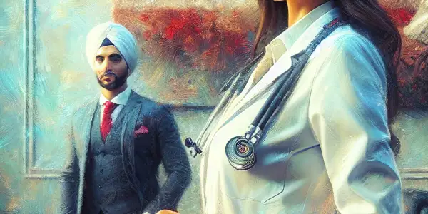 A confident female doctor in a modern office, surrounded by political symbols and a male observer, evokes intrigue and tension.