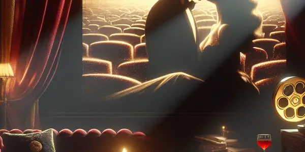 A luxurious, dimly lit room featuring vintage film posters, a couple's silhouette, and romantic ambiance.