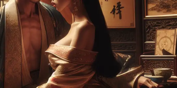 An intimate scene of elegantly dressed figures in a lavish traditional Chinese interior, blending passion with historical elements.