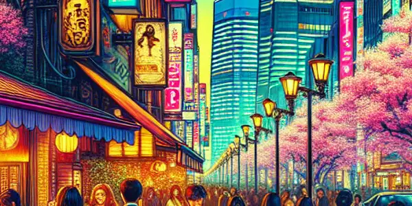 Bustling Yokohama nightlife scene with neon lights, diverse crowd, and a blend of traditional and modern architecture.