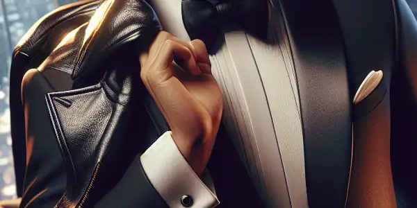 A charismatic male figure in a tuxedo exuding confidence in a glamorous hotel suite with a city skyline backdrop.