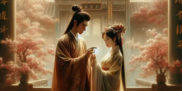 An elegant couple in Hanfu share an intimate moment amid ancient Chinese architecture and cherry blossoms.
