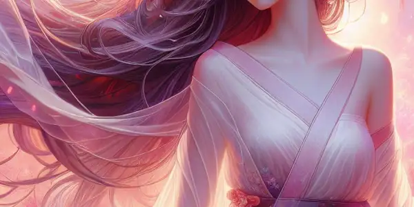 A young woman embodies innocence and sensuality in a dreamy, vibrant setting with cherry blossoms and lanterns.
