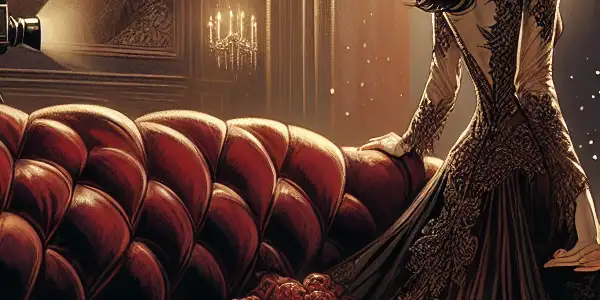 A mysterious woman in a luxurious room, surrounded by rose petals and a vintage film projector, evokes cinematic seduction.<a href=