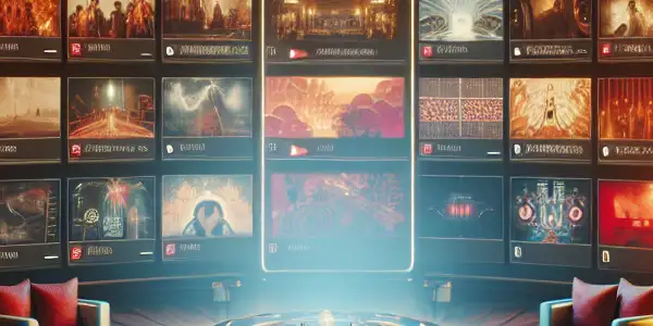 A vibrant digital library showcasing diverse Japanese adult film thumbnails in a cozy, intimate viewing room atmosphere.