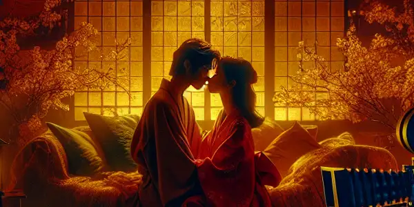 A romantic couple poses intimately in an elegantly decorated Japanese room, evoking passion and cinematic allure.