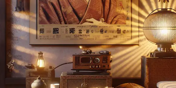 A cozy room featuring vintage Japanese adult film posters, a film projector, and traditional tea set, evoking nostalgia.