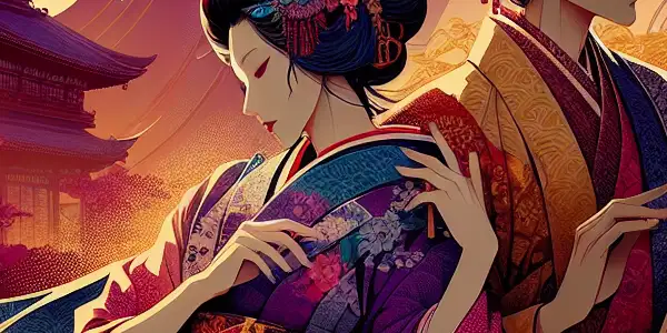 A vibrant scene featuring elegantly designed characters in a lush, dreamlike environment, embodying sensuality and artistic expression.