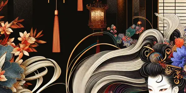 A vibrant female character exuding allure in a softly lit, traditionally decorated Japanese AV-inspired setting.