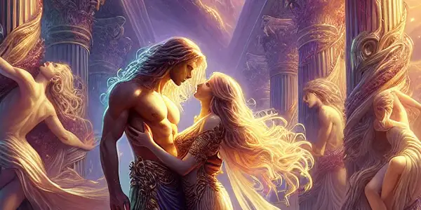 A sensual embrace between Zeus and Aphrodite amidst a grand colonnade of marble pillars under a twilight sky.