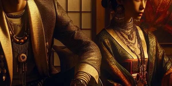 A cinematic scene featuring characters in elaborate BDSM costumes within an Asian-inspired, moody atmosphere.