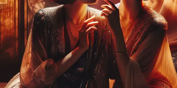 Two sisters share a tender moment in a dimly lit, intimate room adorned with soft fabrics and warm lighting.