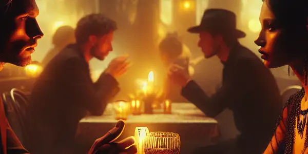 A dimly lit café scene with two diverse figures engaged in a tense, romantic conversation.<a href=