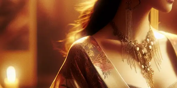 A glamorous Asian adult film star in a vintage setting, blending traditional and modern fashion with an intimate atmosphere.