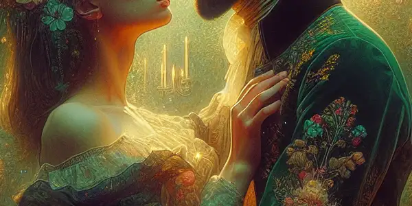 A passionate couple embraces in a lush Victorian garden, surrounded by whimsical, glowing flowers.