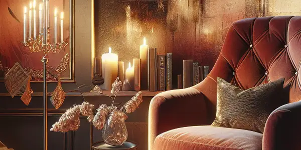 A cozy reading nook with an elegant armchair, erotic books, and a softly glowing ambiance.
