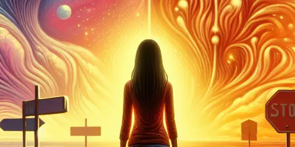 A conflicted character stands at a crossroads, torn between a cozy home and a tempting, distant landscape.