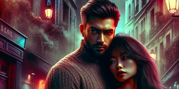 A passionate couple embraces in a gritty Parisian street, surrounded by shadows, neon lights, and hints of danger.