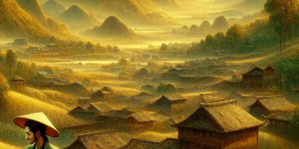 A serene Chinese countryside scene with two characters in traditional attire, embodying themes of desire and emotional connection.